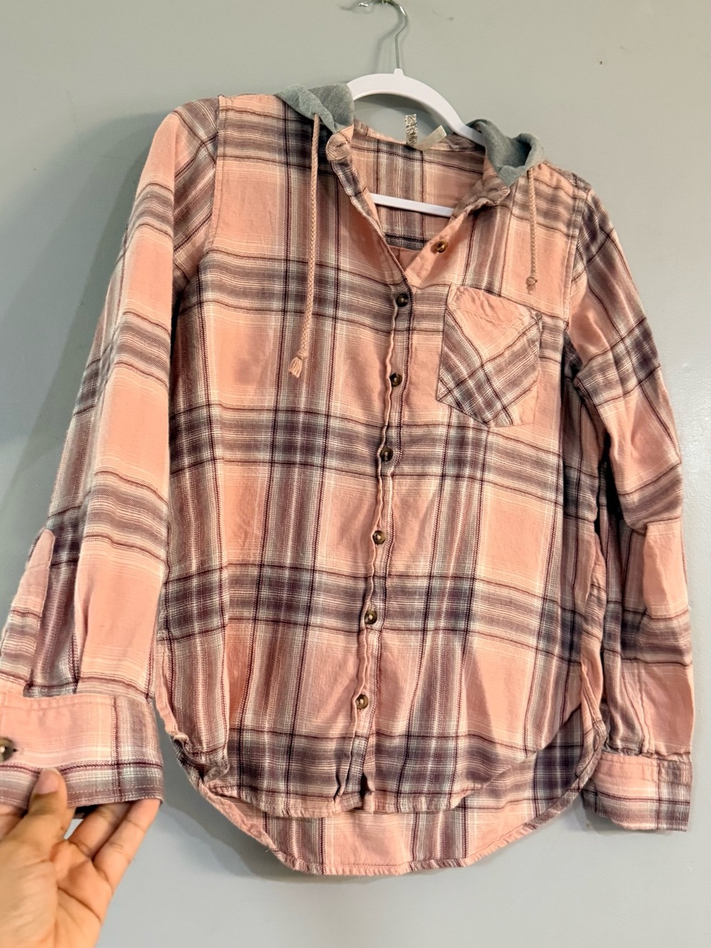 Mudd Pink and Gray Plaid Hooded Button-Down Shirt